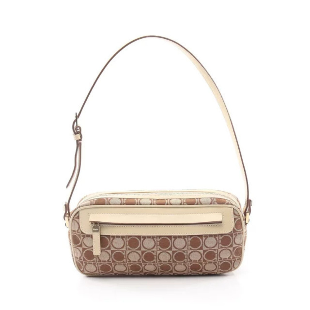 Salvatore Ferragamo Gancini Shoulder Bag Canvas Leather Ivory White Brown
